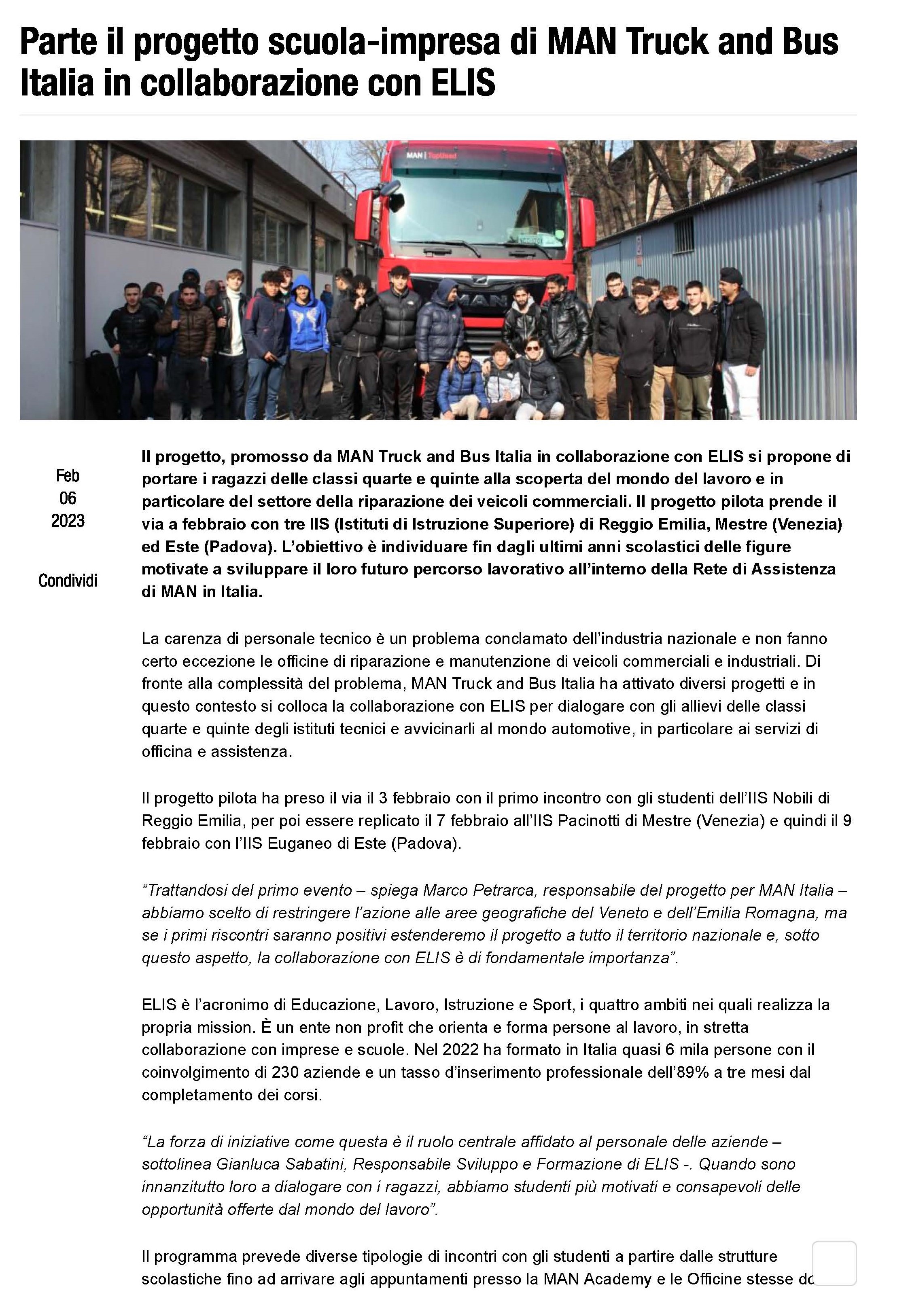 progetto scuola-impresa di MAN Truck and Bus Italia